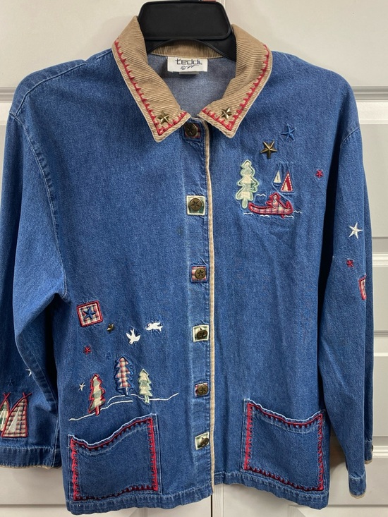 Teddi Jackets & Blazers - Vintage Denim Embroidered Jacket Camping Button Blue Cottagecore Gorpcore Large